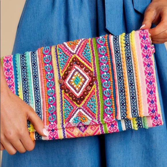 Red Dress Boutique Handbags - Far Away Here Pink Multi Beaded Clutch